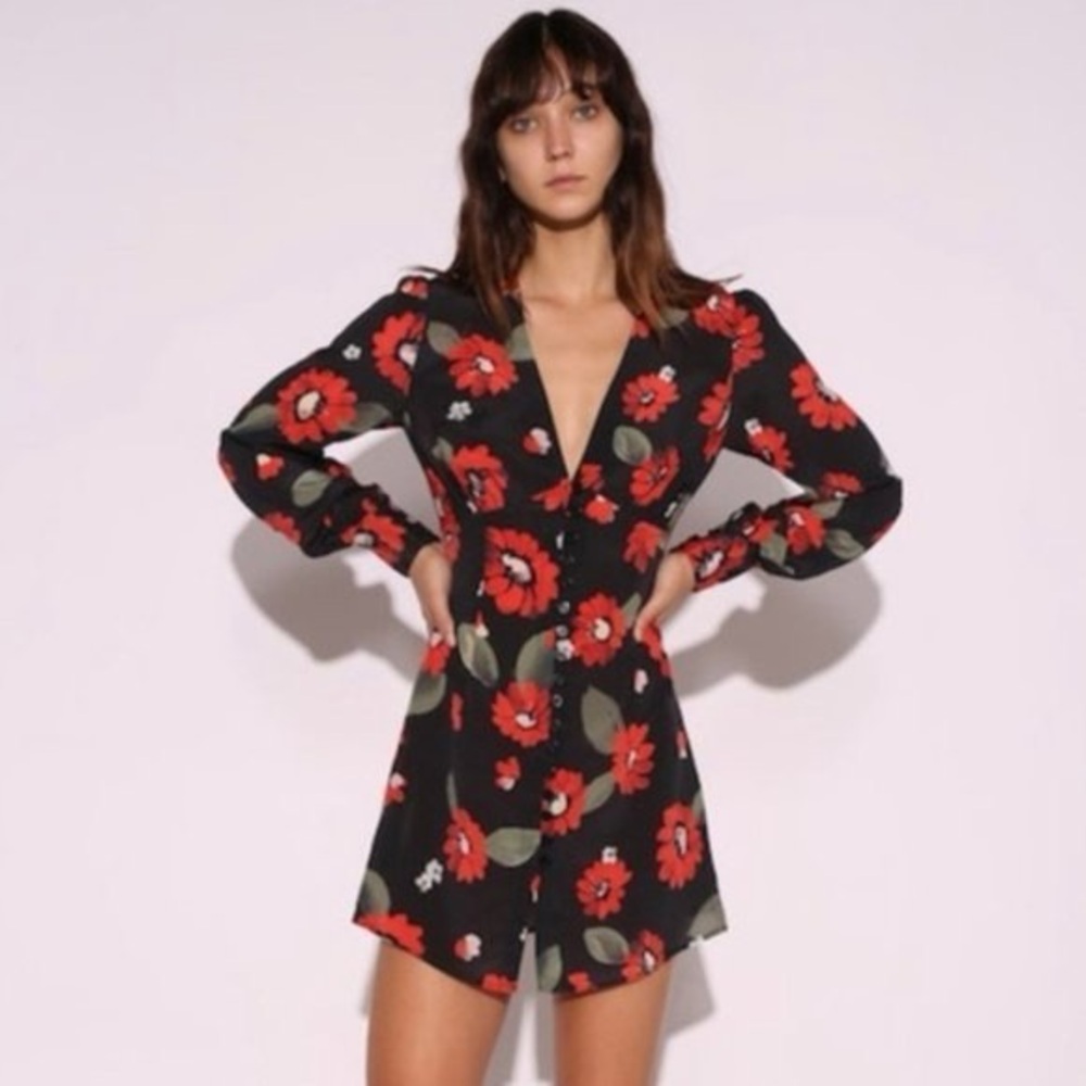 Realisation Par Black Dress with Red Floral Pattern
